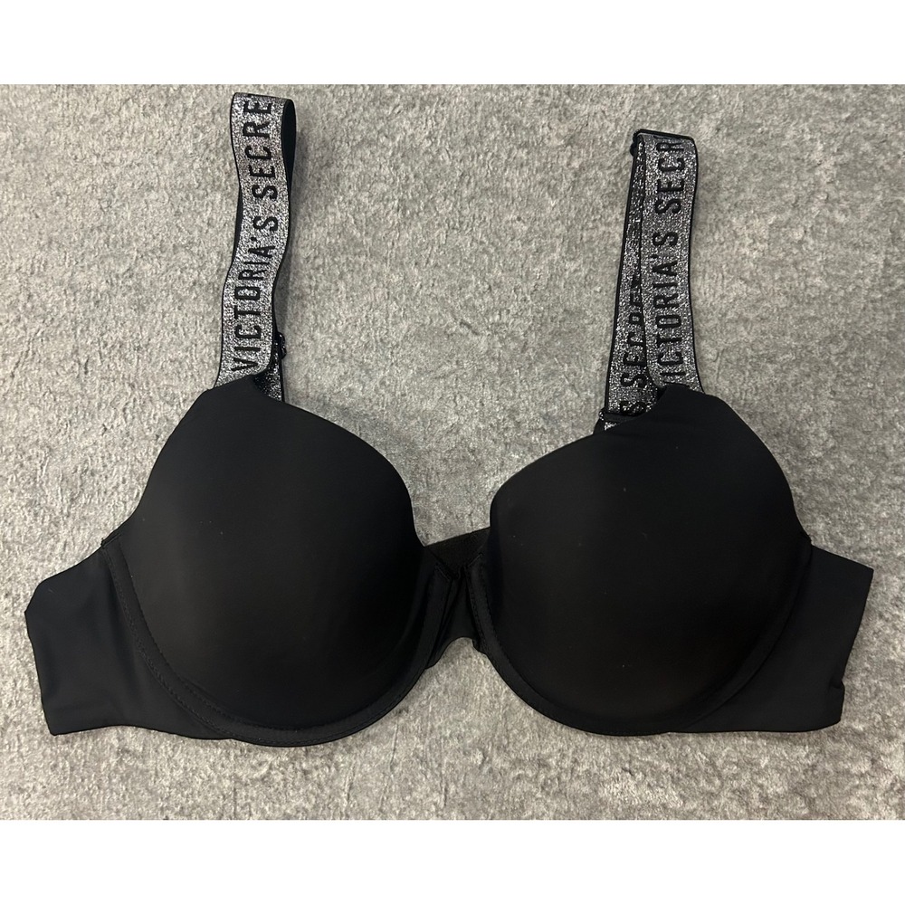 Victorias Secret Shine Strap Push-Up Bra Black Rhinestone Logo 38B Very Sexy